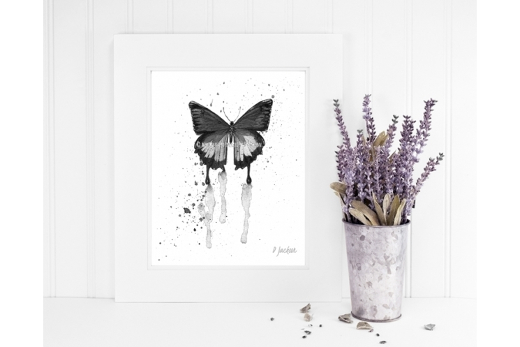 Black and White Butterfly Watercolor Art Print
