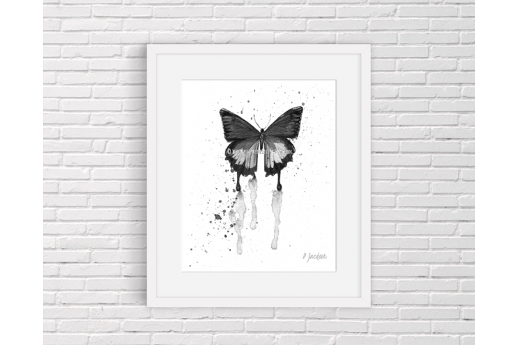 Black and White Butterfly Watercolor Art Print