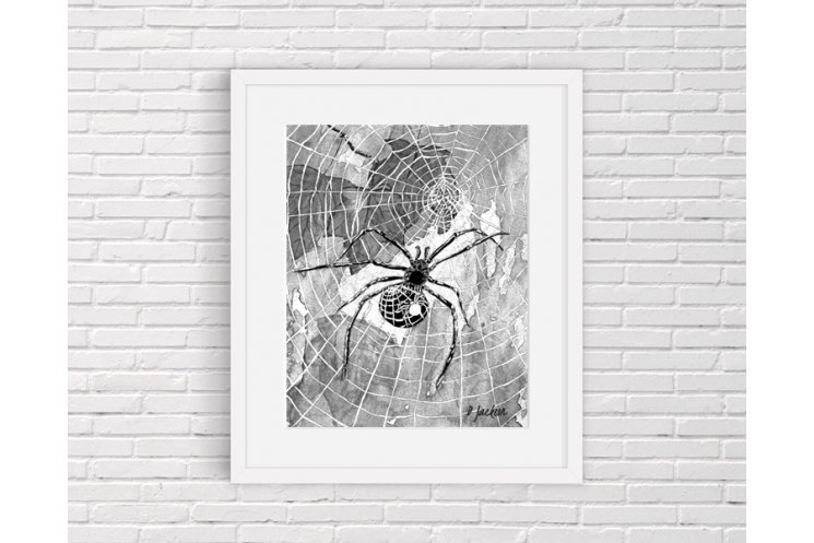 Black and White Halloween Spiders and Webs Watercolor Art Print