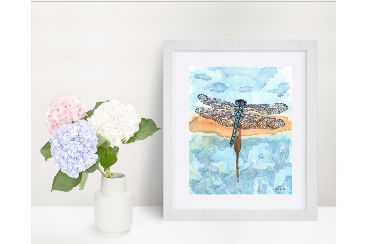 Blue Dragonfly Watercolor Art Print 8 x 10
