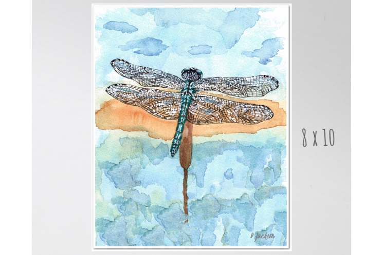 Blue Dragonfly Watercolor Art Print 8 x 10