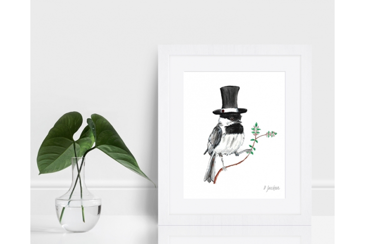 Chickadee in Top Hat Watercolor Art Print