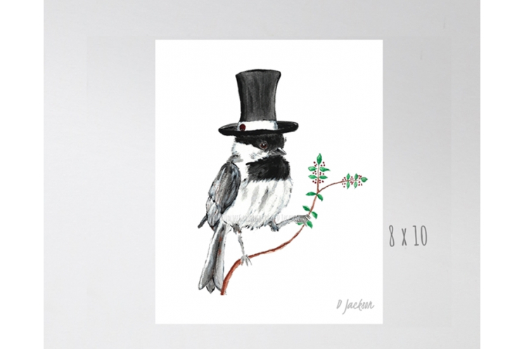 Chickadee in Top Hat Watercolor Art Print