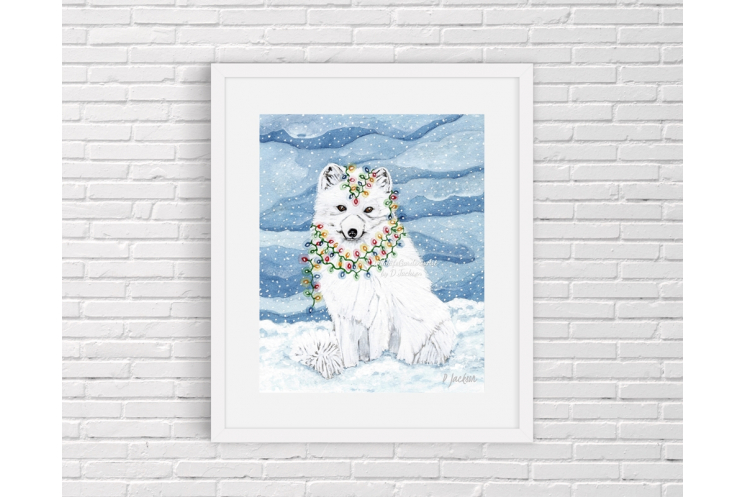 Christmas Lights Arctic Fox Watercolor Art Print