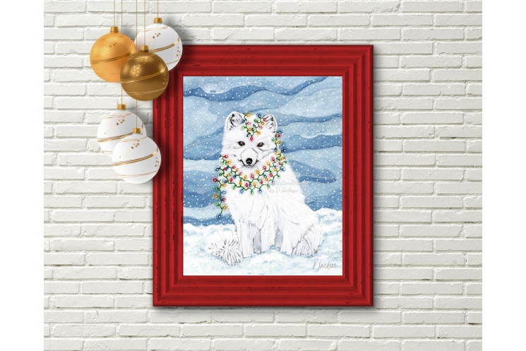 Christmas Lights Arctic Fox Watercolor Art Print