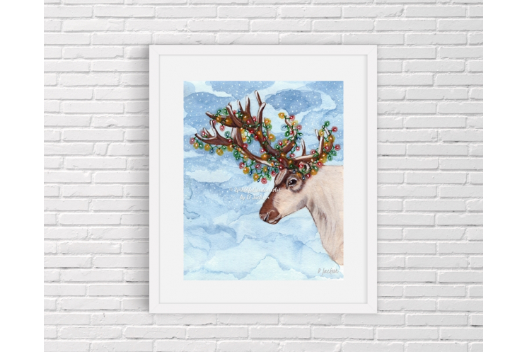 Christmas Lights Reindeer Watercolor Art Print
