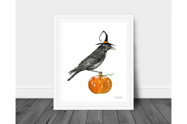 Halloween Crow Watercolor Art Print 8 x 10