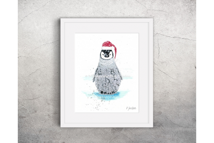 Christmas Penguin Santa Watercolor Art Print