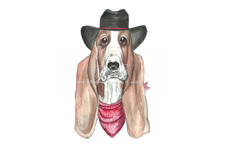 Cowboy Basset Hound Whimsical realism Dog Art Watercolor Print