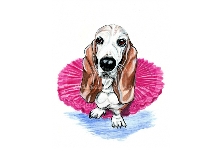 Bassett Hound in pink Tutu, Whimsical Dog Print, Unframed 8 x 10 Pet Portrait