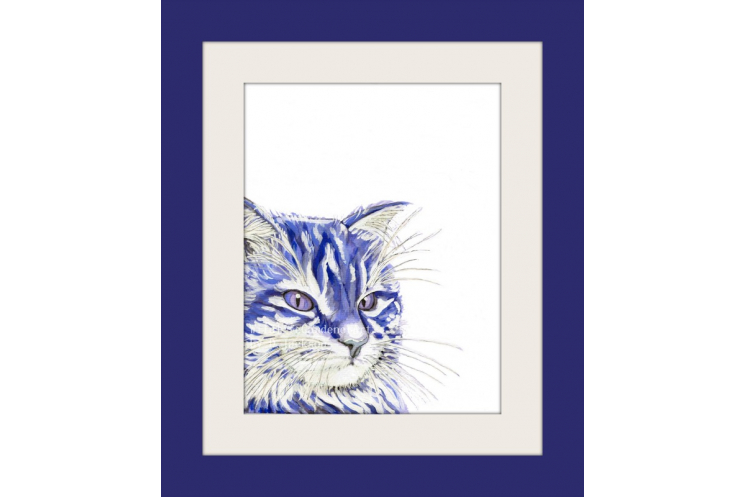 Blue, Navy Cat Watercolor Art Print, Contemporary Cat Art, Pop Art