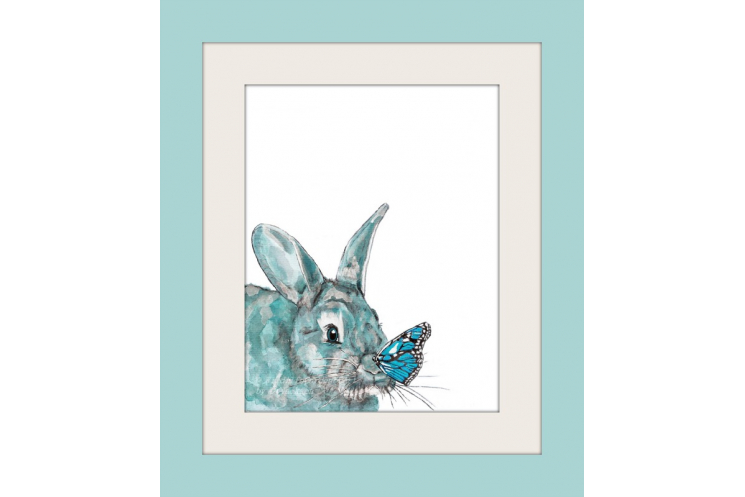 Aqua Blue Bunny and Butterfly Watercolor Art Print