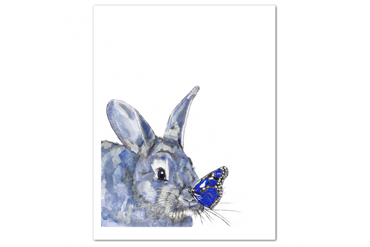 Blue Bunny and Butterfly Watercolor Art Print