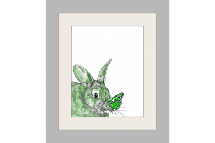 Green Bunny and Butterfly Watercolor Art Print