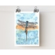 Blue Dragonfly Watercolor Art Print 5 x 7