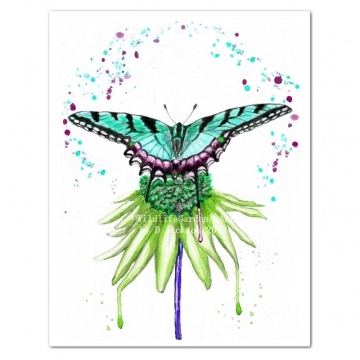 Aqua Blue Butterfly on Green Flower Watercolor Art Print