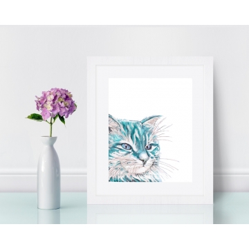 Aqua Blue Watercolor Cat Art Print 8 x 10