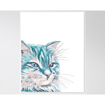 Aqua Blue Cat Watercolor Art Print, 11 x 14