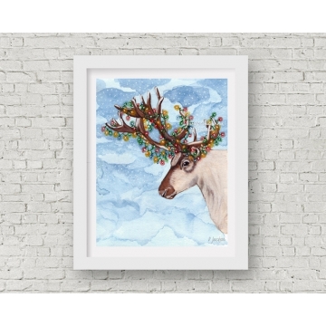 Christmas Lights Reindeer Watercolor Art Print, 11 x 14 Unframed