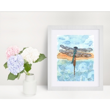 Blue Dragonfly Watercolor Art Print 8 x 10