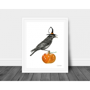 Halloween Crow Watercolor Art Print 8 x 10