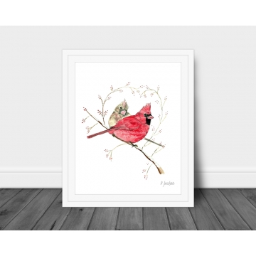 Winter Cardinals Watercolor Bird Art Print