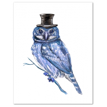 Blue Owl in Top Hat Watercolor Art Print