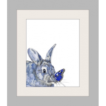 Blue Bunny and Butterfly Watercolor Art Print