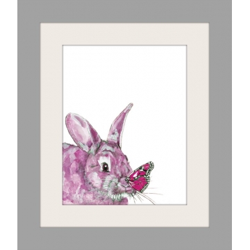 Pink Bunny and Butterfly Watercolor Art Print