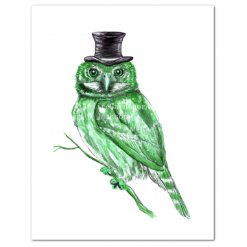 Green Owl in Top Hat Watercolor Art Print