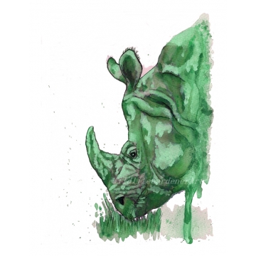 Green Rhino Watercolor Art Print
