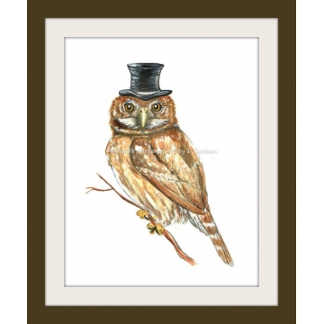 Owl in Top Hat Watercolor Art Print