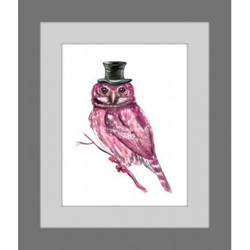 Pink Owl in Top Hat Watercolor Art Print