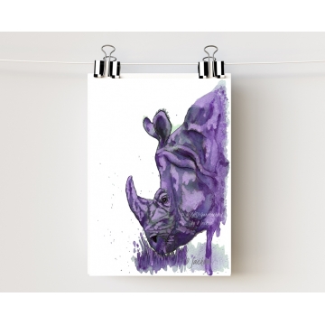Purple Rhino Watercolor Art Print 5 x 7