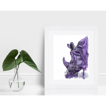 Purple Rhino Watercolor Art Print 8 x 10