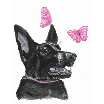 Black dog with pink butterflies watercolor art print, pet portrait