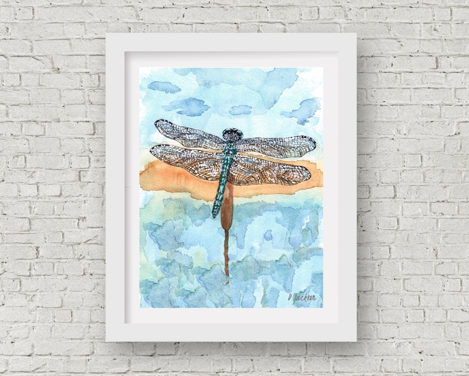Blue Dragonfly Watercolor Art Print 11 X 14 Unframed Wildlife
