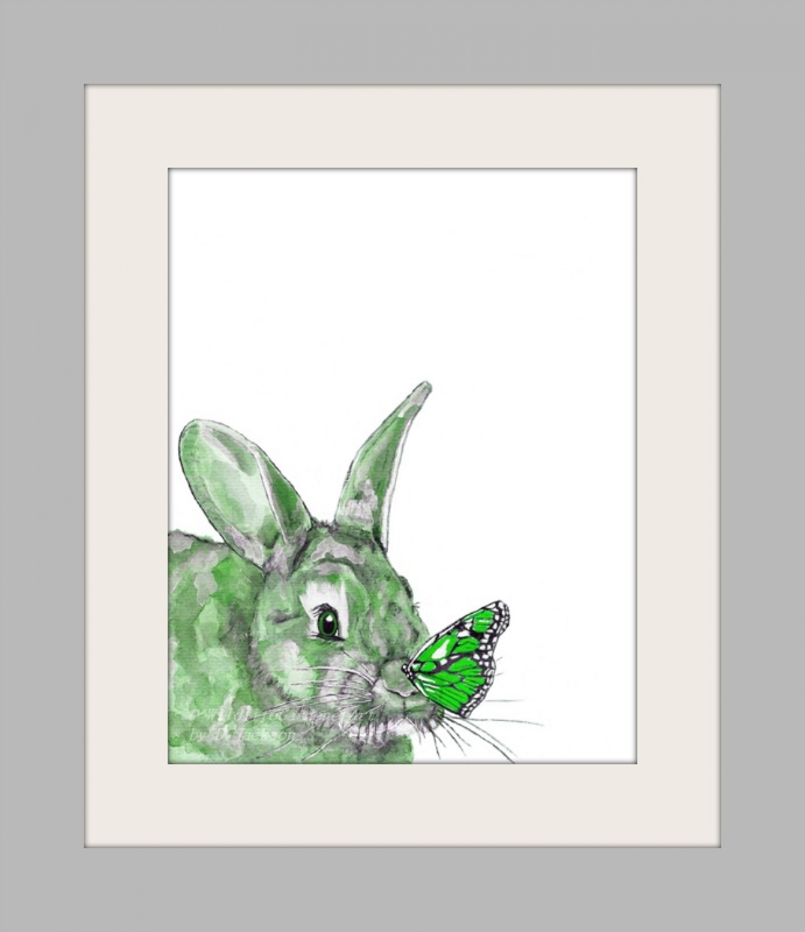 Green Watercolor Bunny And Butterfly Art Print Modern Rabbit Art