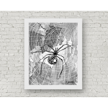 Black and White Halloween Spiders Watercolor Art Print, 11 x 14 Unframed