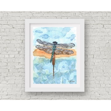 Blue Dragonfly Watercolor Art Print, 11 x 14 Unframed