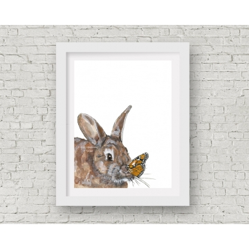 Bunny and Butterfly Watercolor Art Print, 11 x 14 Unframed