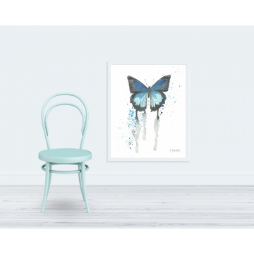 Contemporary Blue Butterfly Watercolor Art Print, 16 x 20 Unframed