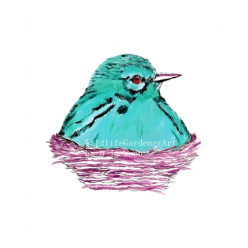 Aqua Blue Bird in Nest Watercolor Art Print