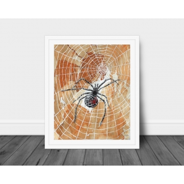 Halloween Black Widow Spiders and Webs Watercolor Art Print