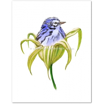 Blue Bird in Green Lily Flower Watercolor Art Print