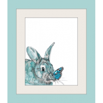 Aqua Blue Bunny and Butterfly Watercolor Art Print