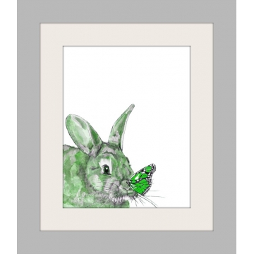 Green Bunny and Butterfly Watercolor Art Print