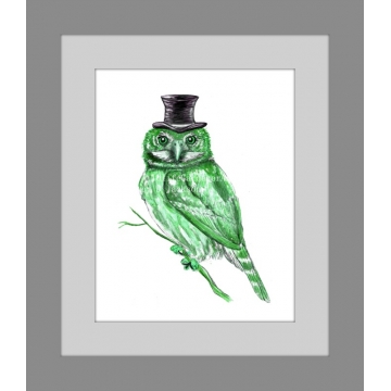 Green Owl in Top Hat Watercolor Art Print