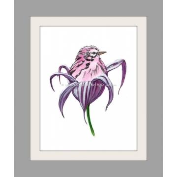 Pink Bird in Purple Lily Flower Watercolor Art Print