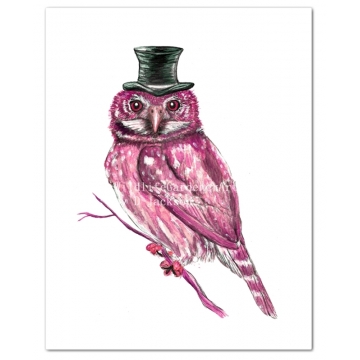 Pink Owl in Top Hat Watercolor Art Print